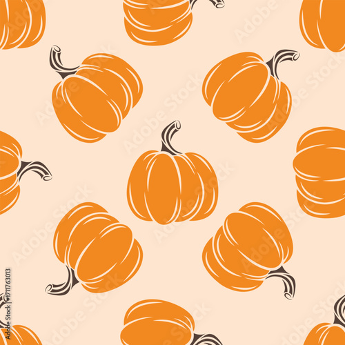 Cozy pumpkin autumn seamless pattern. Fall background with ripe orange pumpkins. Print for textiles, packaging, paper, vector graphics