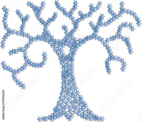 Whimsical tree formed entirely of blue stars, with curling branches and celestial flair. A surreal blend of nature and fantasy, ideal for magical, cosmic, or decorative design themes.