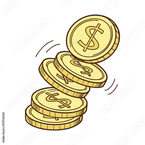 A stack of five shiny golden dollar coins