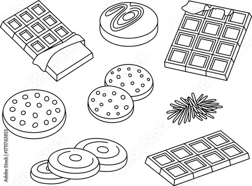Sweet treats and delicious chocolate bars arranged on a white background.