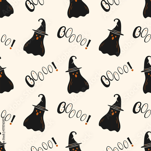 Halloween pattern with cute black ghost and inscription BOOO, silhouettes on creme beige background.