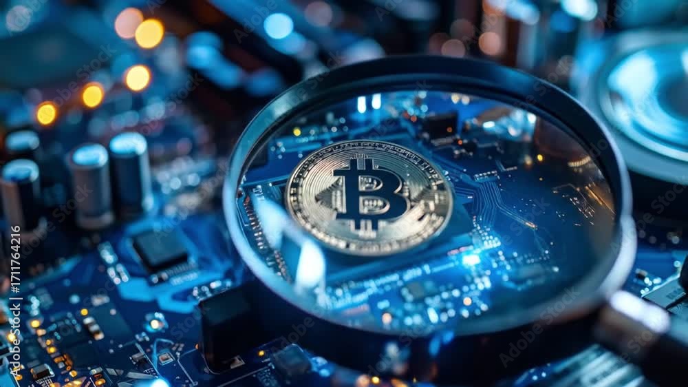 Magnified view of a virtual currency token on a computer circuit board, symbolizing the detailed analysis of financial technology, digital assets, and future investments