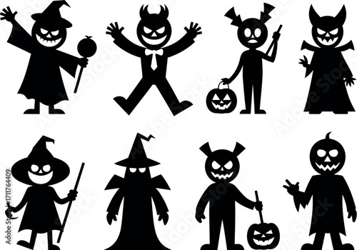 Playful Halloween character silhouettes with spooky smiles and festive props