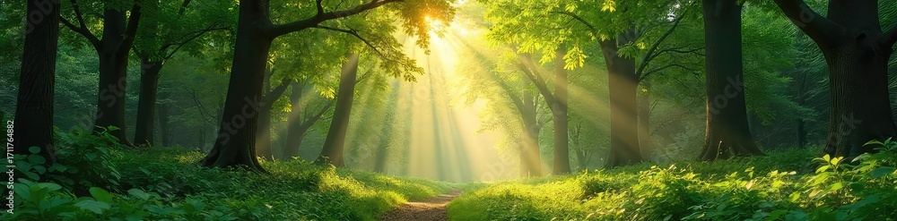 Obraz premium Sunlight dappling through the leaves of a lush park forest, creating a magical atmosphere Perfect for nature, tranquility, and environmental themes , animals, woods