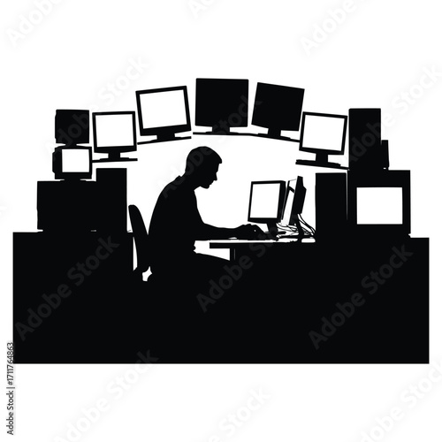 Silhouette of a programmer working at a desk surrounded by multiple computer screens in a dark room highlighting technology and software development on white background