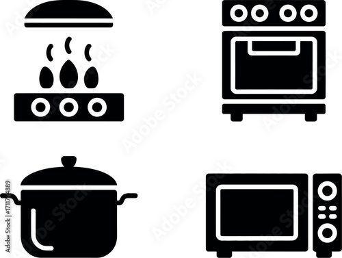 Collection of simple icons representing kitchen appliances and cookware for home use.