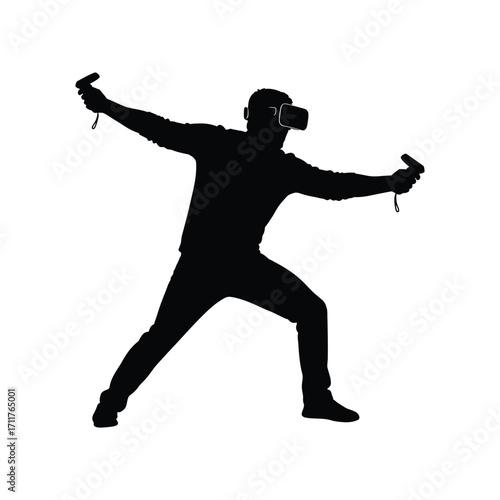 Silhouette of a person immersed in virtual reality holding controllers and exploring digital worlds with a headset for gaming fun on white background