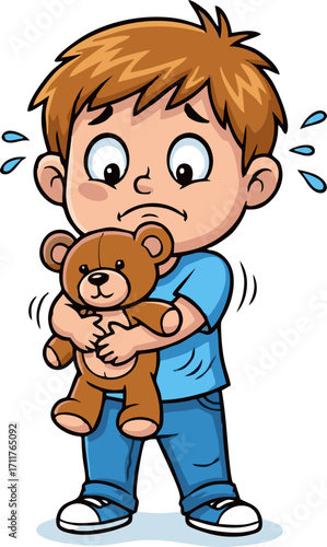 Cartoon boy with brown hair, tearful eyes, hugging a brown teddy bear