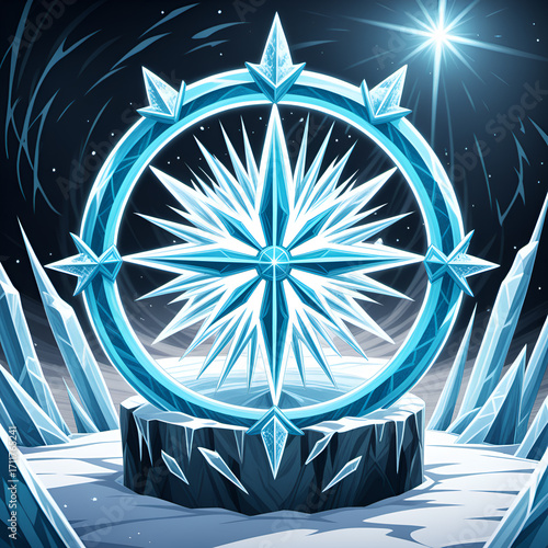 Stunning ice compass symbol glows brightly on frozen pedestal under a starry winter sky, inspiring adventure and discovery