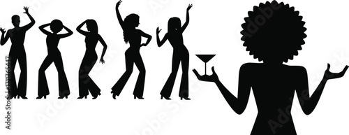 Disco dance silhouette, retro party dancers, nightclub celebration, women with cocktails, 70s style fashion, nightlife, fun entertainment, music performance, club