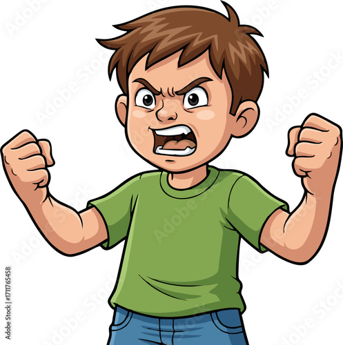 Cartoon Boy with Clenched Fists and Angry Expression, Wearing Green Shirt