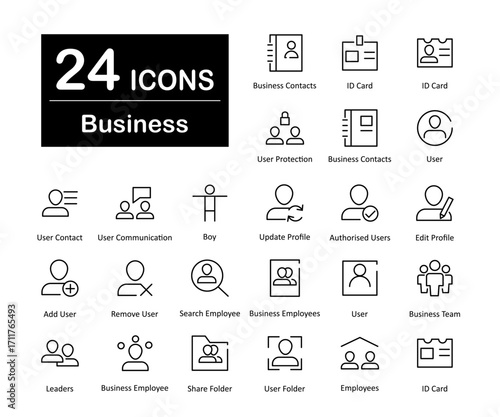 A set of 24 icons as business contacts, id card, user protection