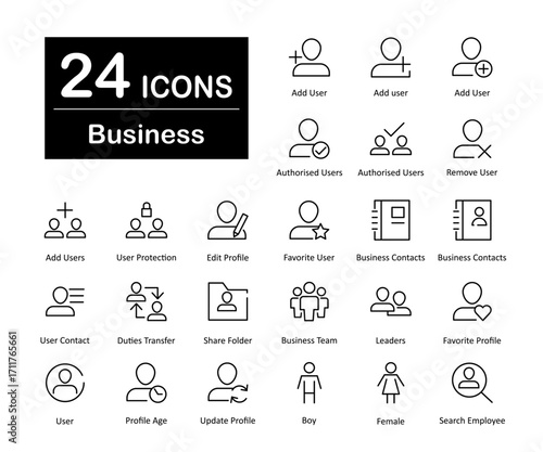 A set of 24 icons as add user, authorised users, remove user