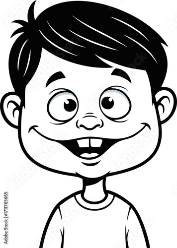 Cartoon Boy with Crooked Teeth and a Wide Grin, Black and White Illustration