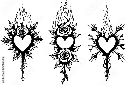 Sacred Heart and Tribal Rose Tattoo Set