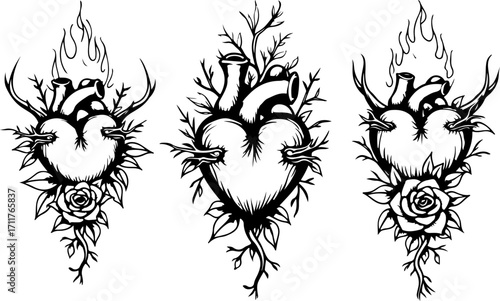 Sacred Heart and Tribal Rose Tattoo Set