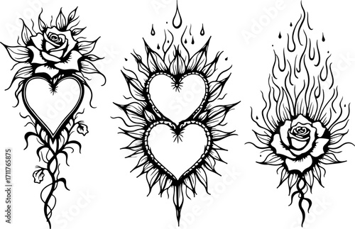 Sacred Heart and Tribal Rose Tattoo Set