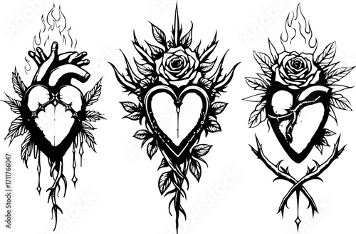Sacred Heart and Tribal Rose Tattoo Set