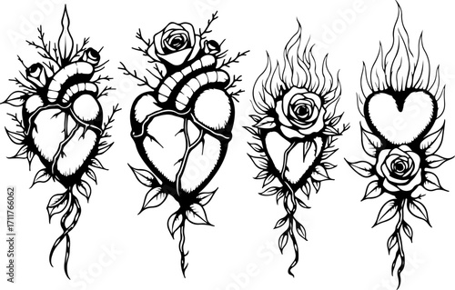 Sacred Heart and Tribal Rose Tattoo Set