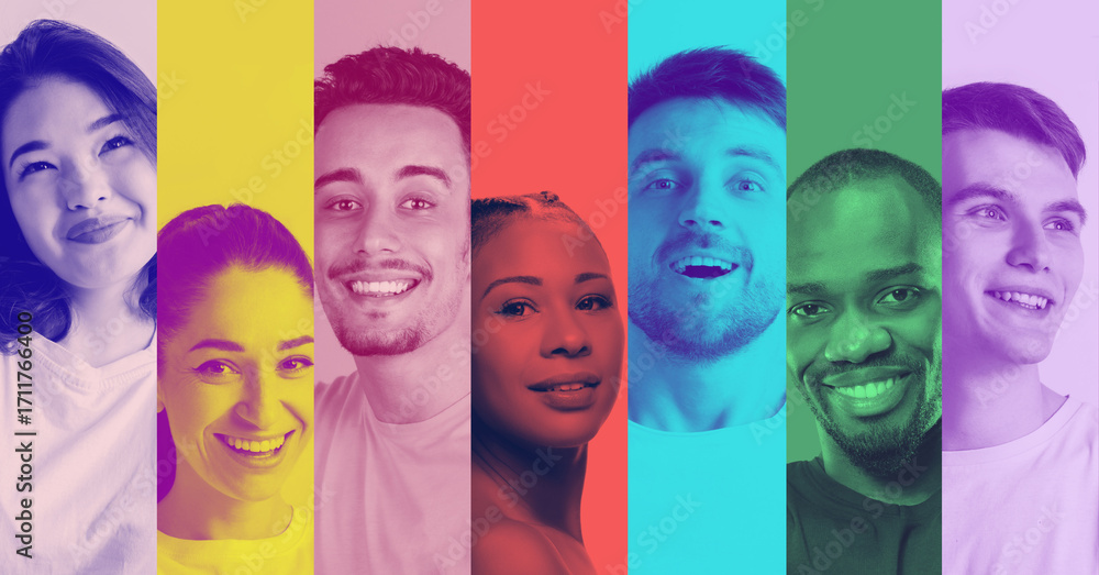 Obraz premium Bright collage with group of diverse young adults smiling with colorful backgrounds. Concept of happiness, inclusivity, lifestyle, teamwork, community, and modern youth culture.