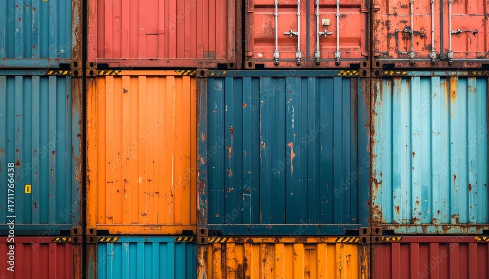 Fototapeta premium Detailed stock photo of industrial structures at a container terminal, including cranes, stacked containers, and heavy vehicles. Realistic RAW capture showing authentic textures and machinery.