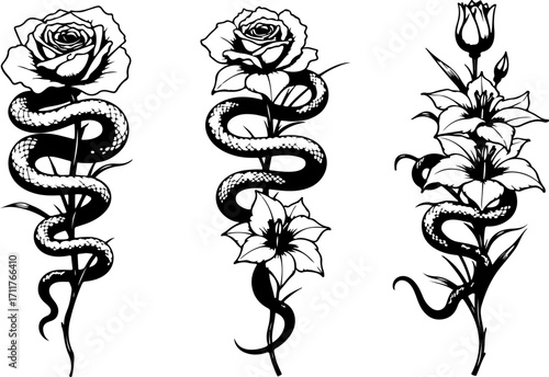 Serpent and Blossom Tattoo Designs bundle