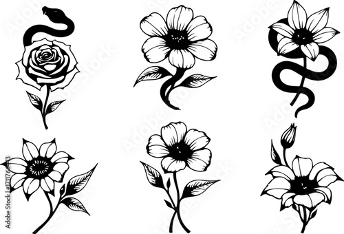 Serpent and Blossom Tattoo Designs bundle