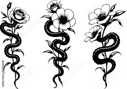 Serpent and Blossom Tattoo Designs bundle