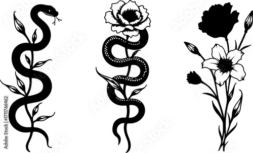 Serpent and Blossom Tattoo Designs bundle