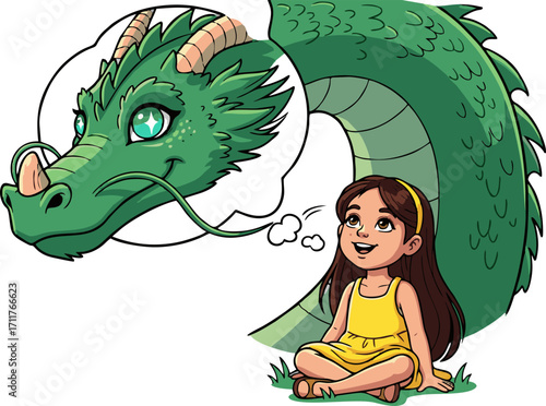 Cartoon Girl Imagining a Friendly Green Dragon with Turquoise Eyes