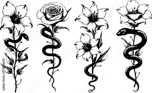 Serpent and Blossom Tattoo Designs bundle