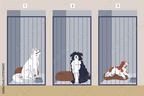 Dog shelter. Canine animal kennels, cage boxes, enclosure in rescue center for lost, homeless and stray pets, puppies. Welfare housing, voluntary temporary stay. Flat vector illustration