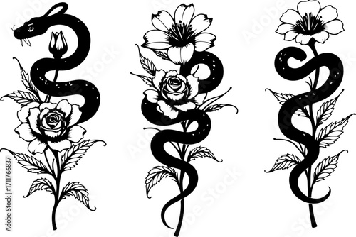 Serpent and Blossom Tattoo Designs bundle