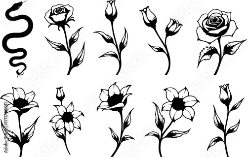 Serpent and Blossom Tattoo Designs bundle