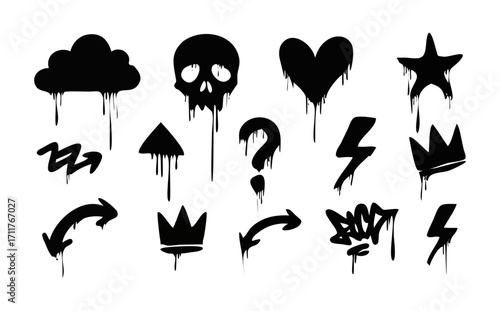 Vector graphic illustration set of dripping spray paint graffiti elements and street art icons