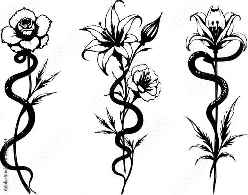 Serpent and Blossom Tattoo Designs bundle