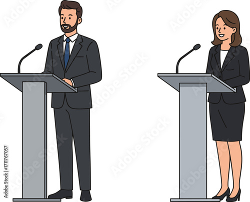 Business man and business woman speaking at podium, conference presentation, professional speakers, public speaking, seminar discussion, corporate event illustration