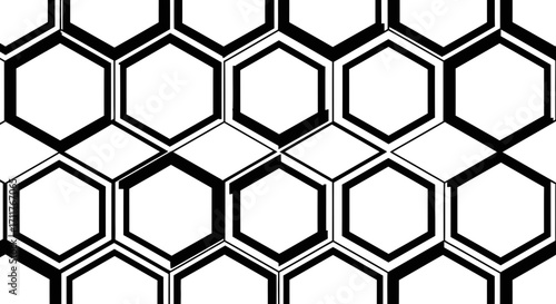 Futuristic geometric tessellation of black and white hexagons, forming a sleek, abstract backdrop perfect for modern design