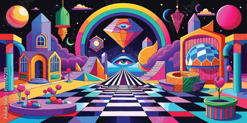 Psychedelic abstract landscape with eye pyramid and rainbow