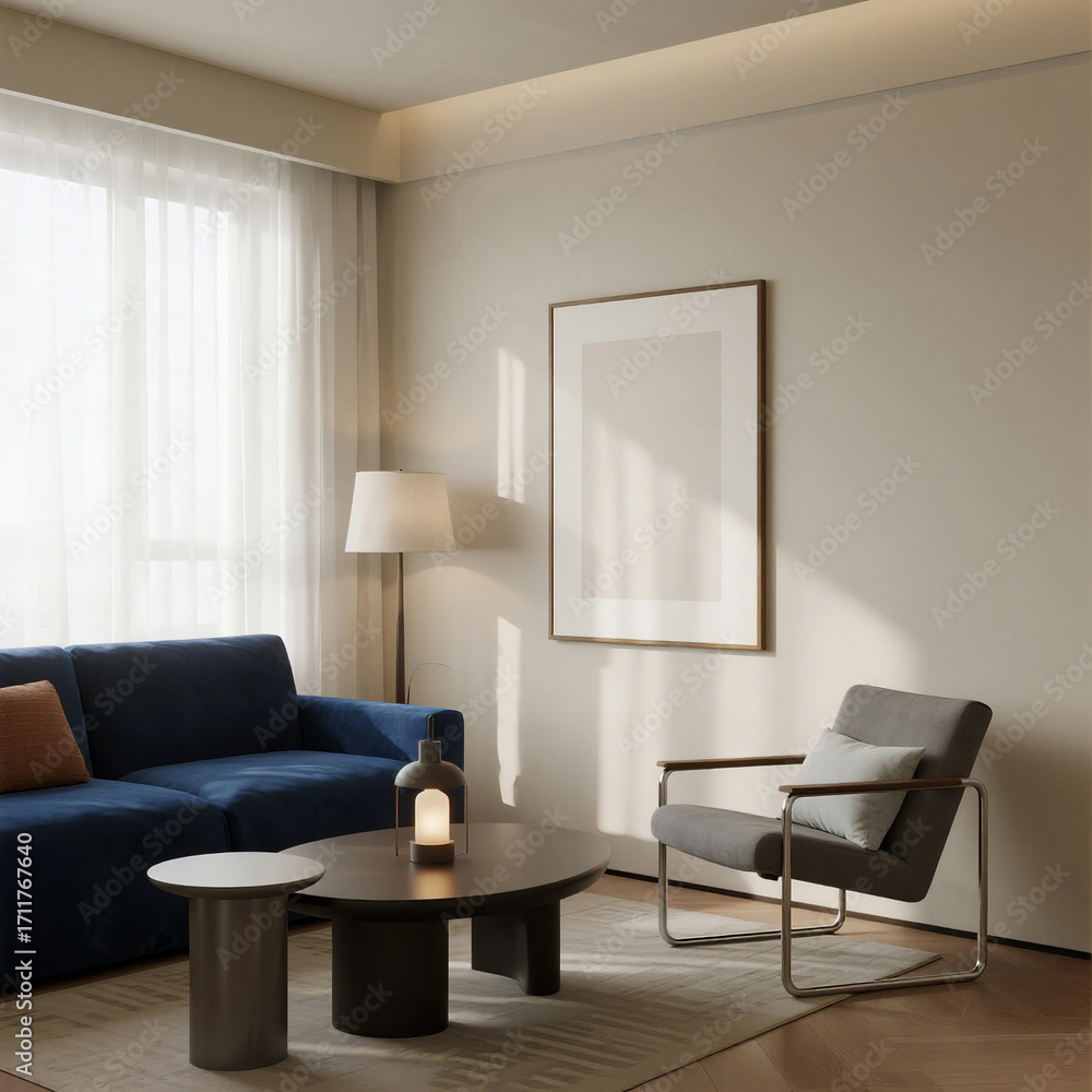 Fototapeta premium Modern living room with blue sofa and armchair