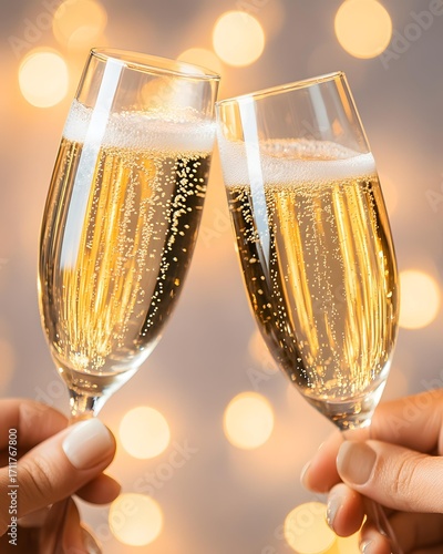 Champagne Toast Celebration with sparkling wine, holiday Champagne Toast Celebration party, romantic Champagne Toast Celebration cheers with bokeh lights