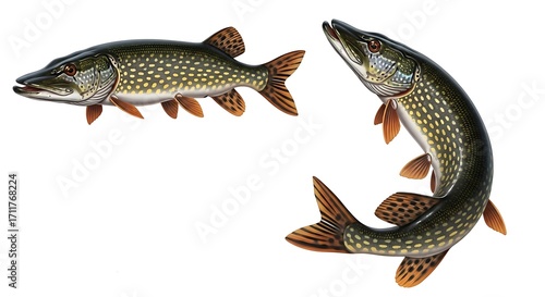 Two Northern Pike Fish Isolated on White Background.