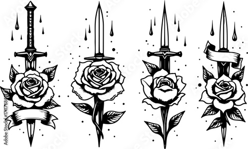 Dagger and Rose Tattoo Silhouette Collection