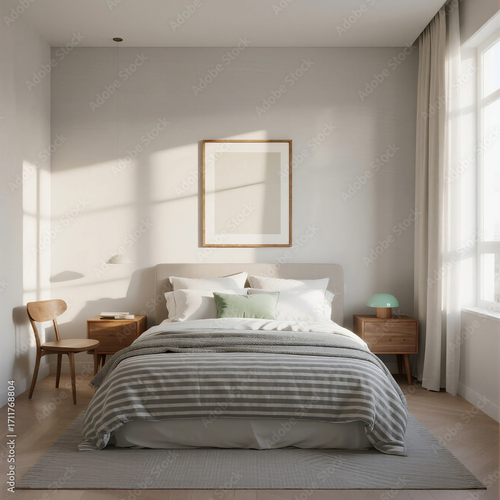 Fototapeta premium Modern Minimalist Bedroom with Natural Light and Cozy Bedding