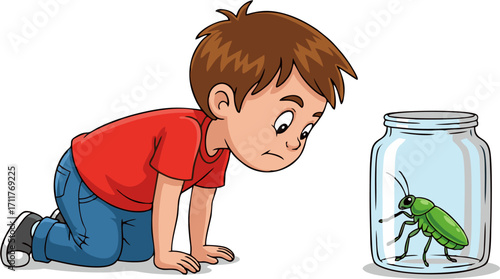 Child Observes Captive Insect in Glass Jar