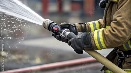 Firefighter in turnout gear grips hose nozzle, gloved hands spraying water in foreground with droplets, blurred street background and red hose line, concept of public safety and emergency response