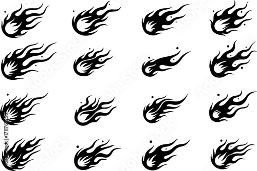 Racing Flame Speed Fire Icon Silhouette Set
