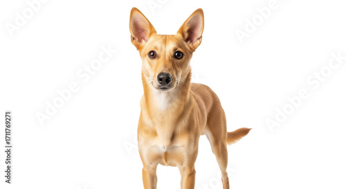Isolated young adult adorable short haired dog with large pointy ears is looking ahead