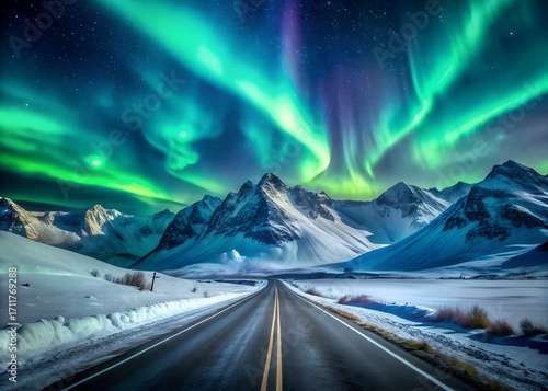Northern Lights Dance Above a Snowy Mountain Road Under a Starry Sky