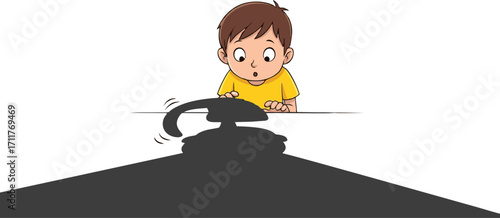 Child's Intrigued Observation of a Shadowy Tank Toy